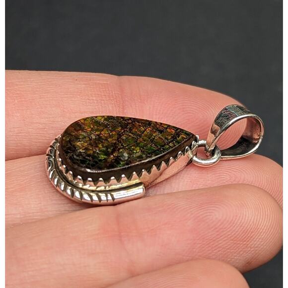 Colorful Ammolite Fossil Dragon Scale Teardrop Sterling Silver Pendant *Read* - Picture 10 of 14